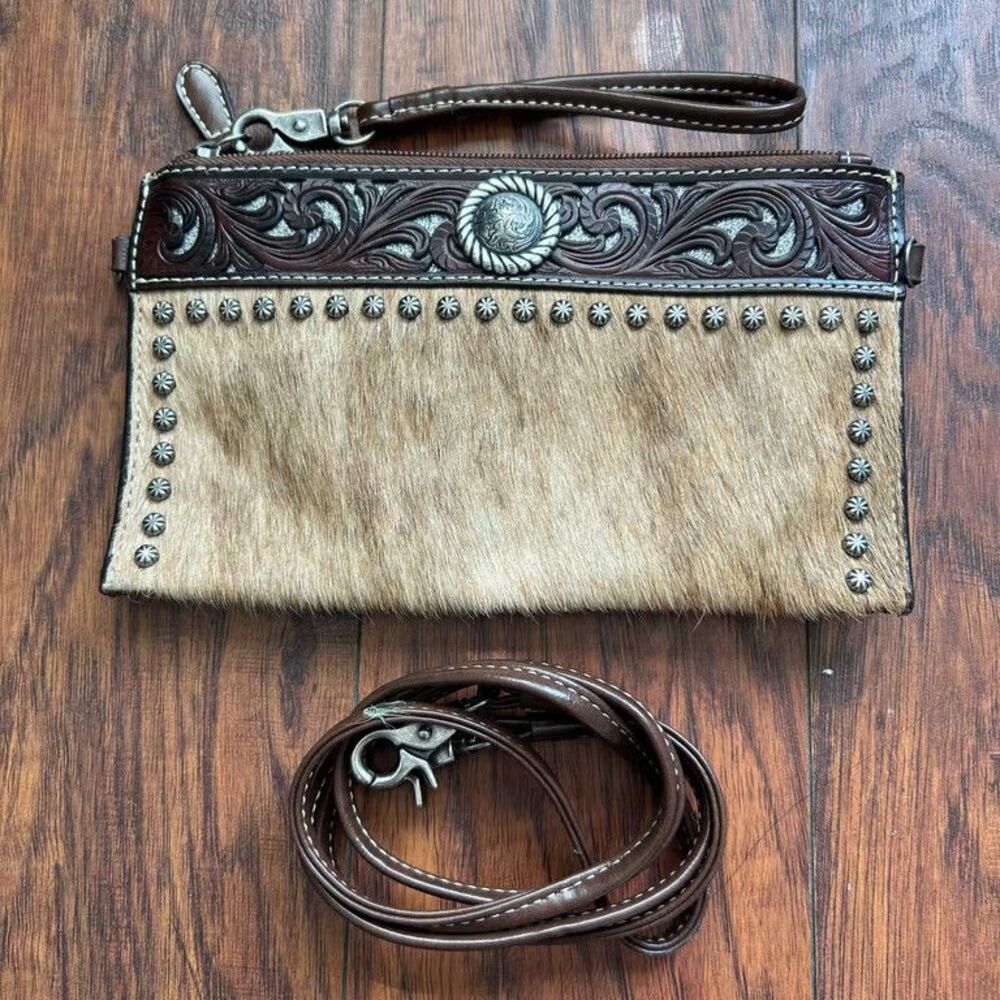 Western Cowhide Crossbody Purse Tooled Leather Look Studded Concho Wristlet Bag